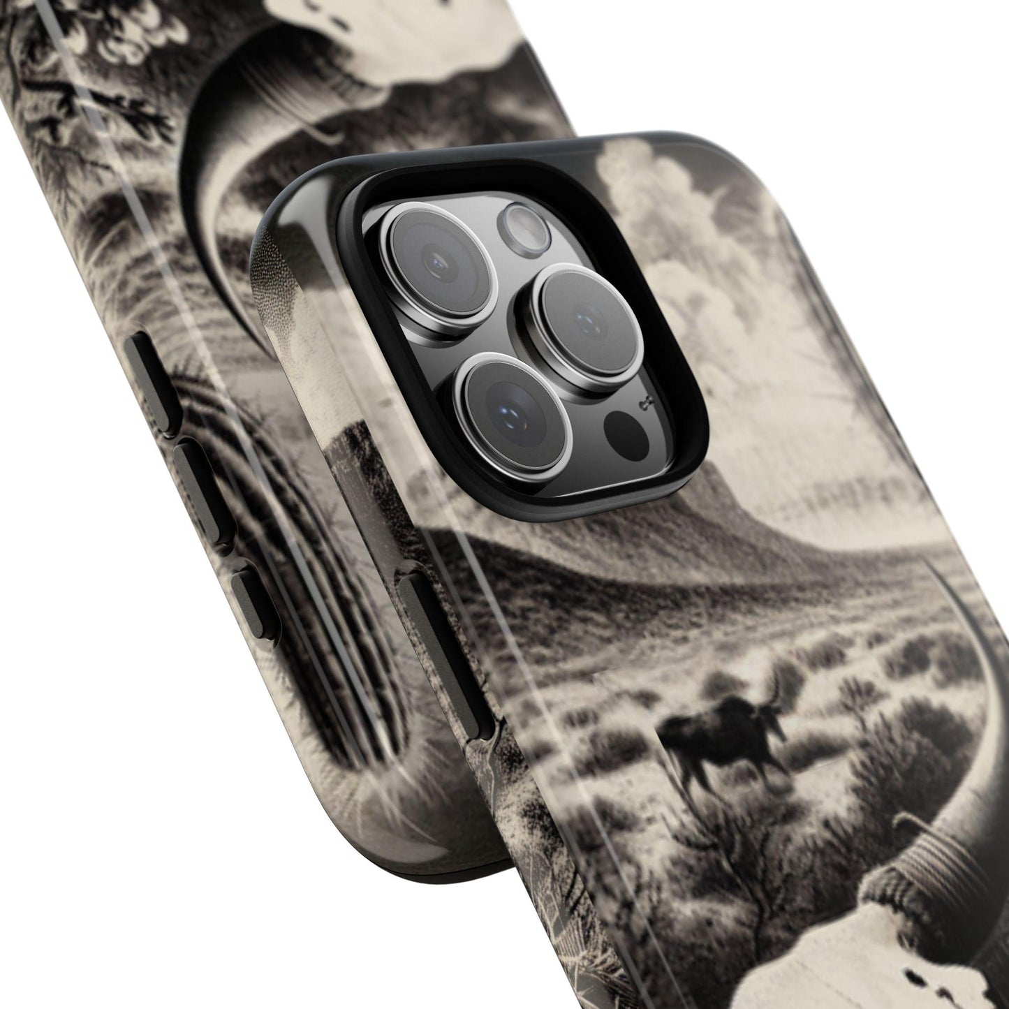 Phone Case iPhone 16, 16 pro & 16 pro max. Longhorn Desert Skull Tough Cover, Western Boho Cow Skull Design