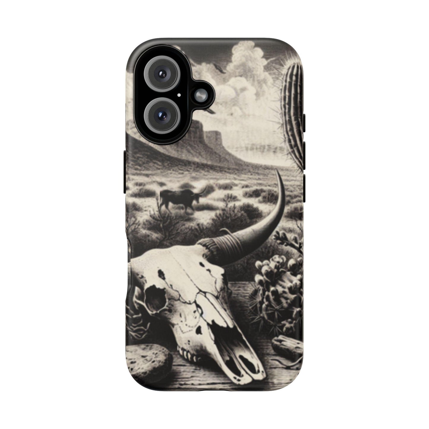 Phone Case iPhone 16, 16 pro & 16 pro max. Longhorn Desert Skull Tough Cover, Western Boho Cow Skull Design