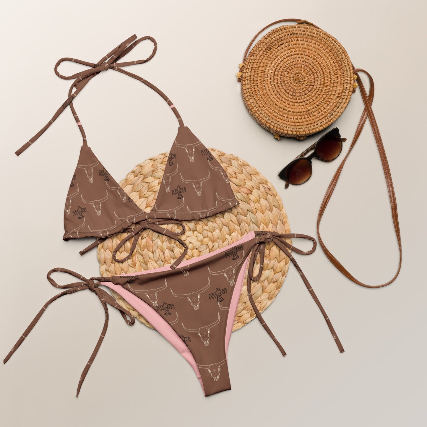 Rowdy Longhorn Pink Longhorn All-over print recycled string bikini | Western Bikini | Western Swim Wear |