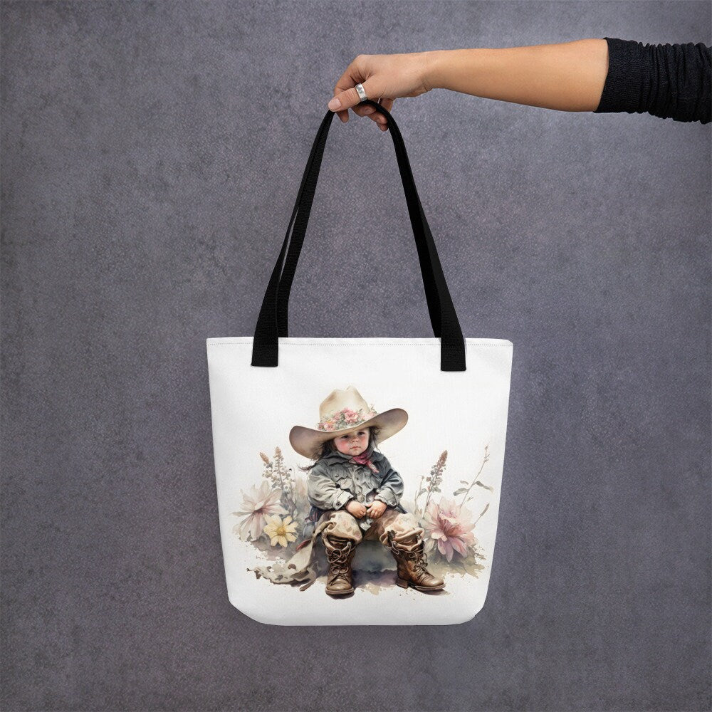 Tote bag little cowgirl and vintage floral watercolour style Mothers Day gift, Best friend gift, Farmers market tote