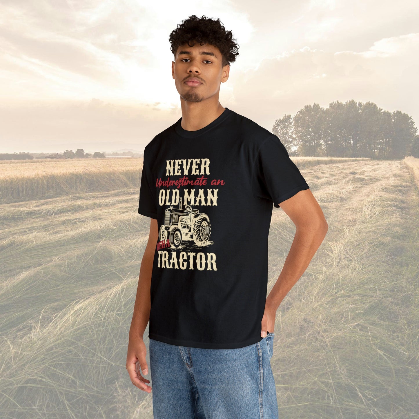 Old man and a Tractor| Gifts for Farmers| Mens Heavy Cotton Tee