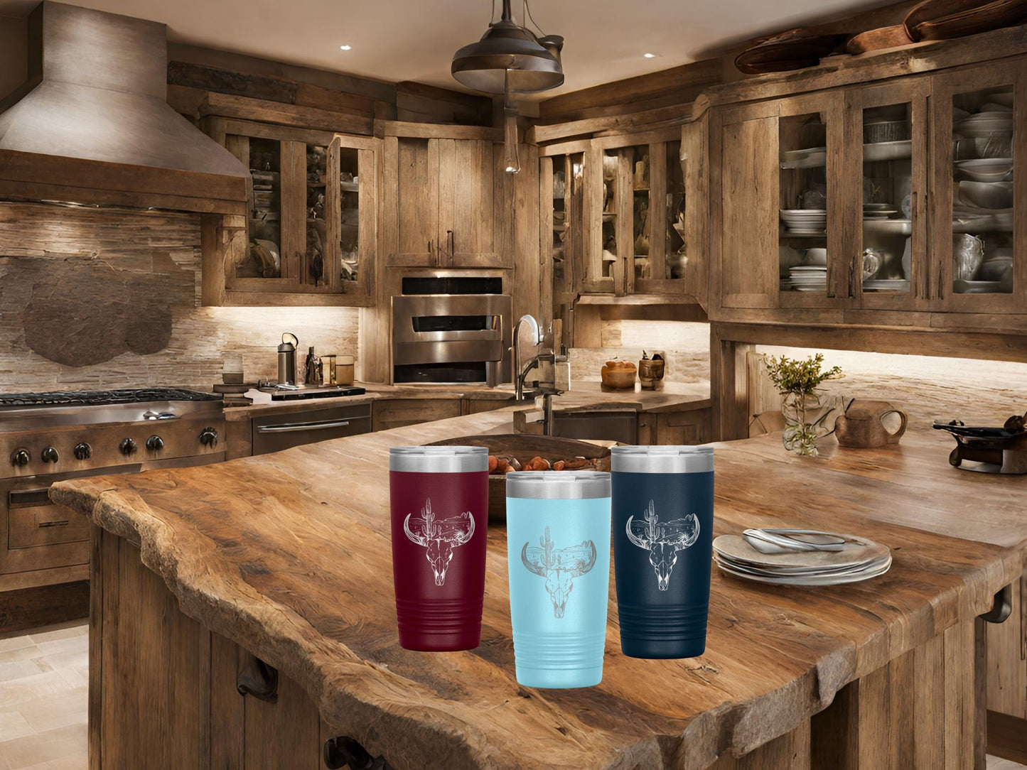 Custom Desert Skull, Insulated Steel, Laser Engraved Tumbler ,20 Oz Tumbler, Etched Tumbler, Bull Skull
