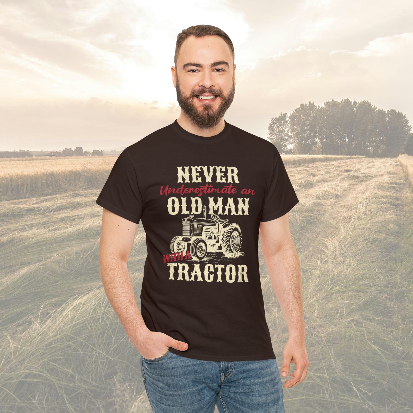 Old man and a Tractor| Gifts for Farmers| Mens Heavy Cotton Tee
