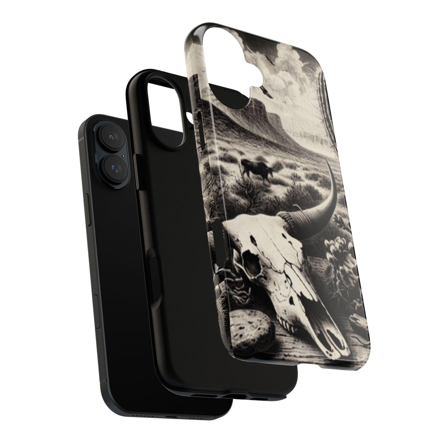 Phone Case iPhone 16, 16 pro & 16 pro max. Longhorn Desert Skull Tough Cover, Western Boho Cow Skull Design