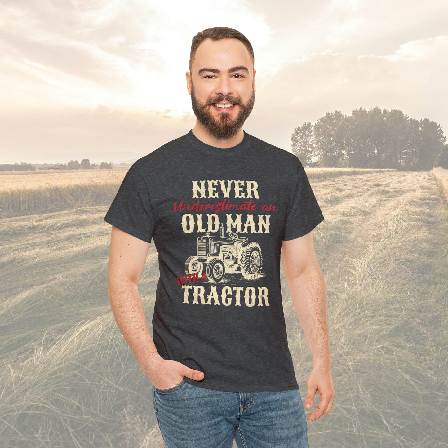Old man and a Tractor| Gifts for Farmers| Mens Heavy Cotton Tee