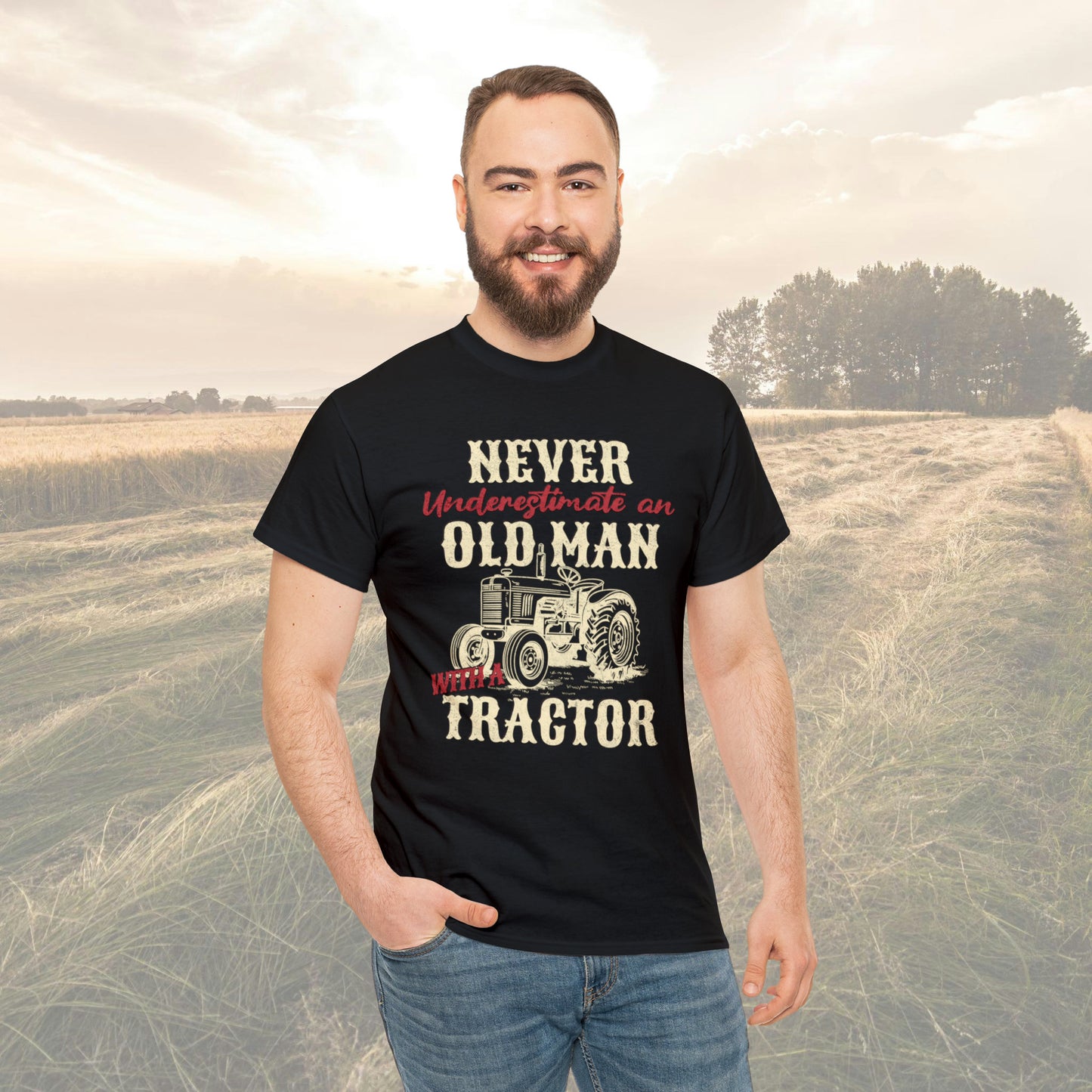 Old man and a Tractor| Gifts for Farmers| Mens Heavy Cotton Tee