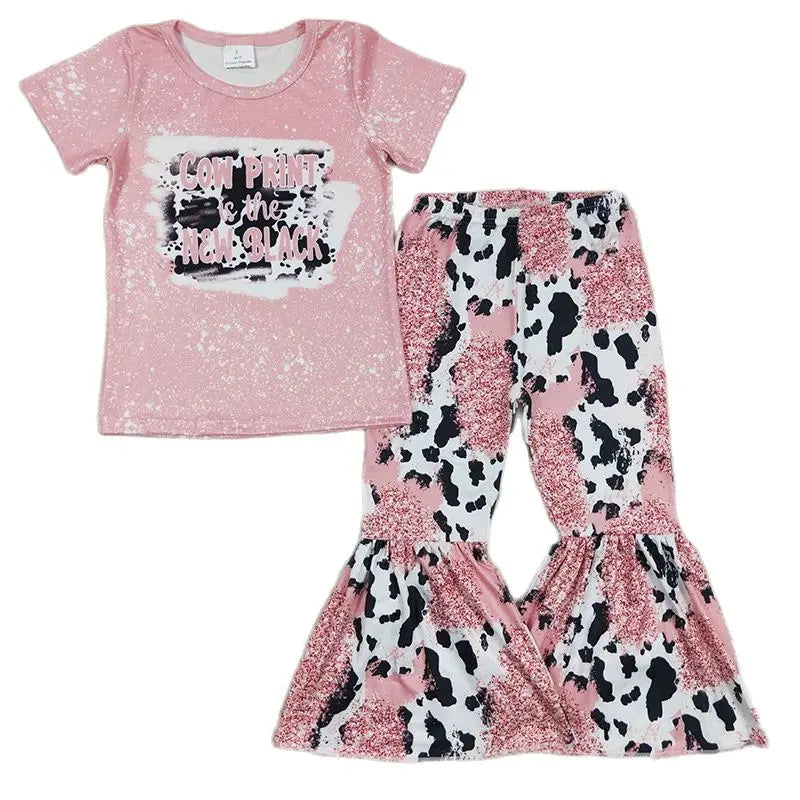 Toddler Western Outfit Baby Girl Short Sleeve Shirt Bell Bottom Pants Children Clothes Sets
