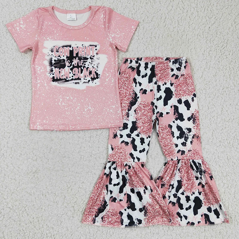 Toddler Western Outfit Baby Girl Short Sleeve Shirt Bell Bottom Pants Children Clothes Sets