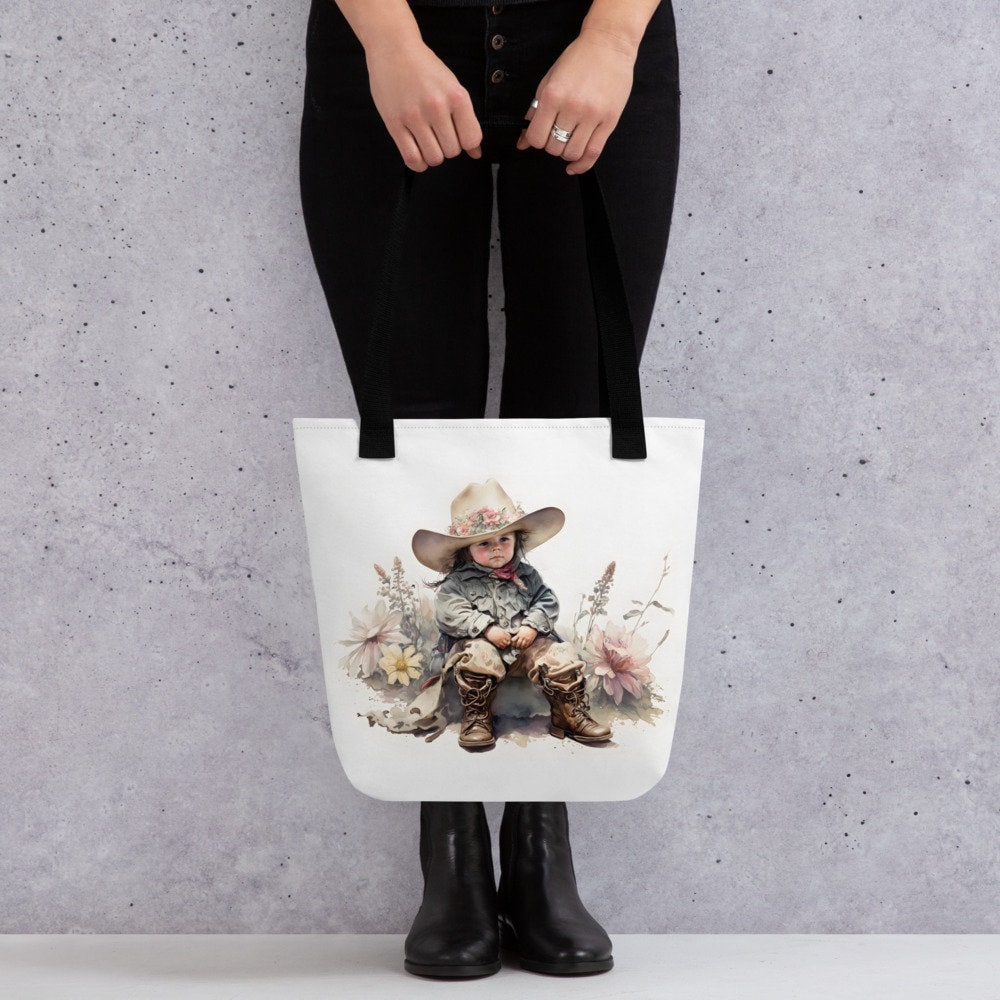 Tote bag little cowgirl and vintage floral watercolour style Mothers Day gift, Best friend gift, Farmers market tote