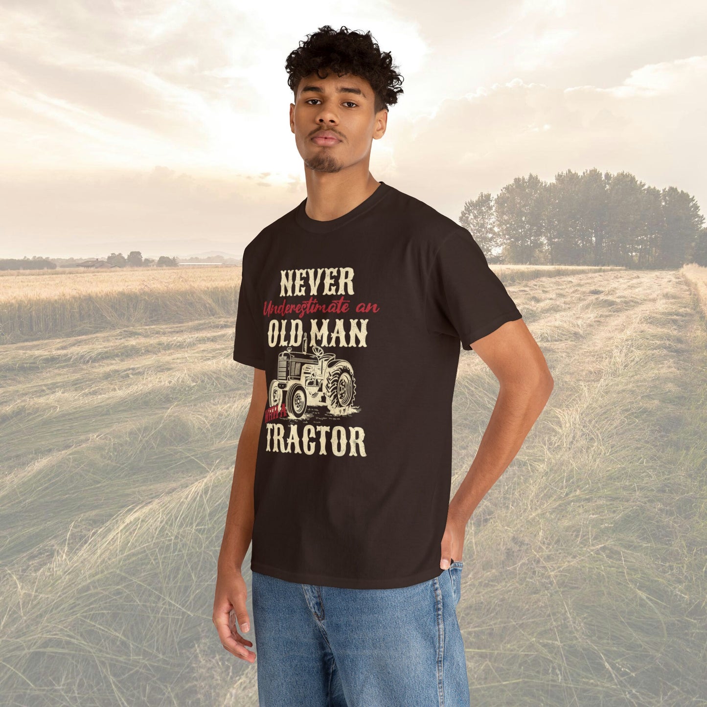 Old man and a Tractor| Gifts for Farmers| Mens Heavy Cotton Tee