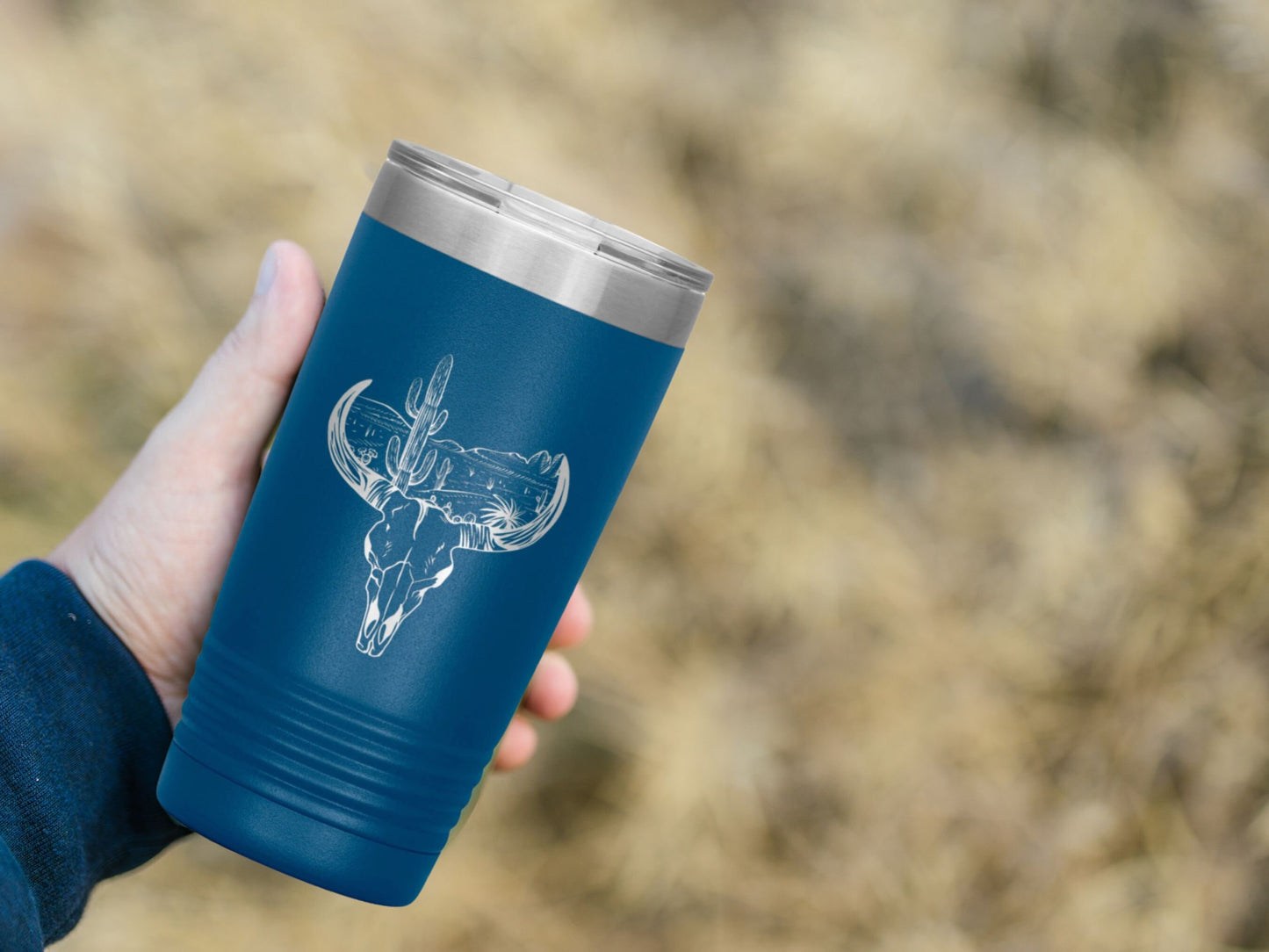 Custom Desert Skull, Insulated Steel, Laser Engraved Tumbler ,20 Oz Tumbler, Etched Tumbler, Bull Skull