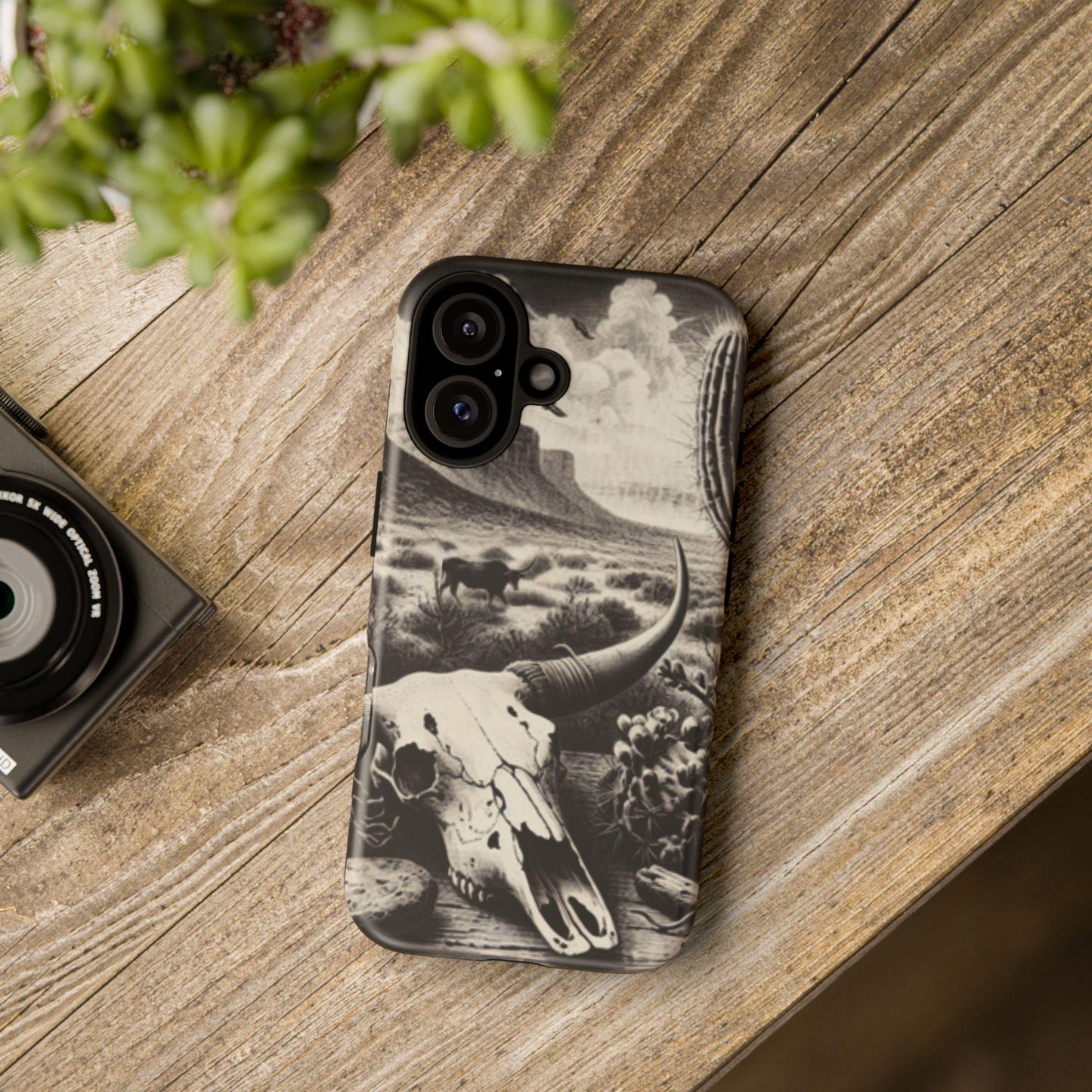 Phone Case iPhone 16, 16 pro & 16 pro max. Longhorn Desert Skull Tough Cover, Western Boho Cow Skull Design