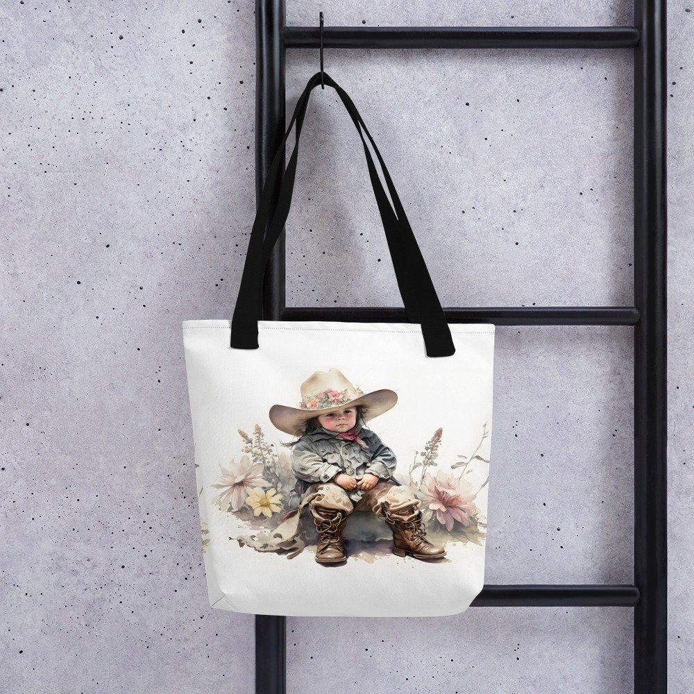 Tote bag little cowgirl and vintage floral watercolour style Mothers Day gift, Best friend gift, Farmers market tote