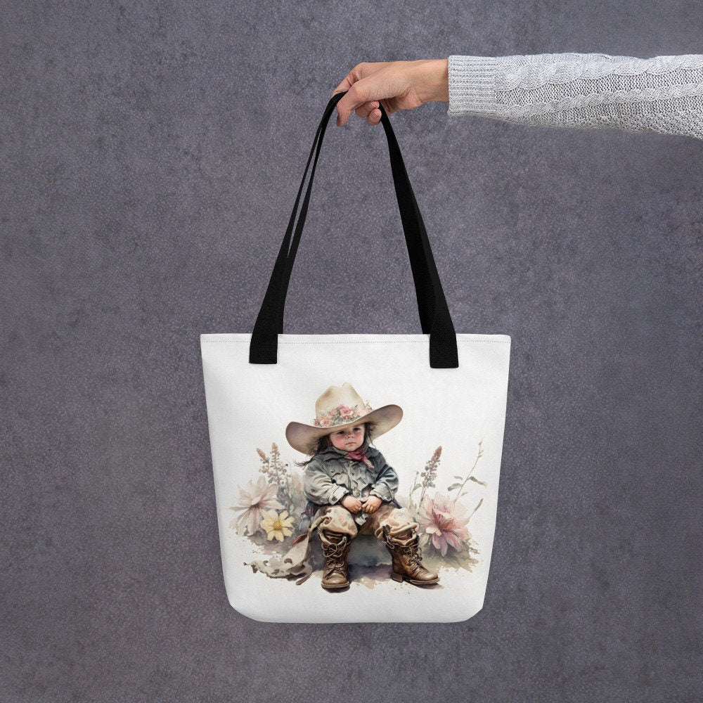 Tote bag little cowgirl and vintage floral watercolour style Mothers Day gift, Best friend gift, Farmers market tote