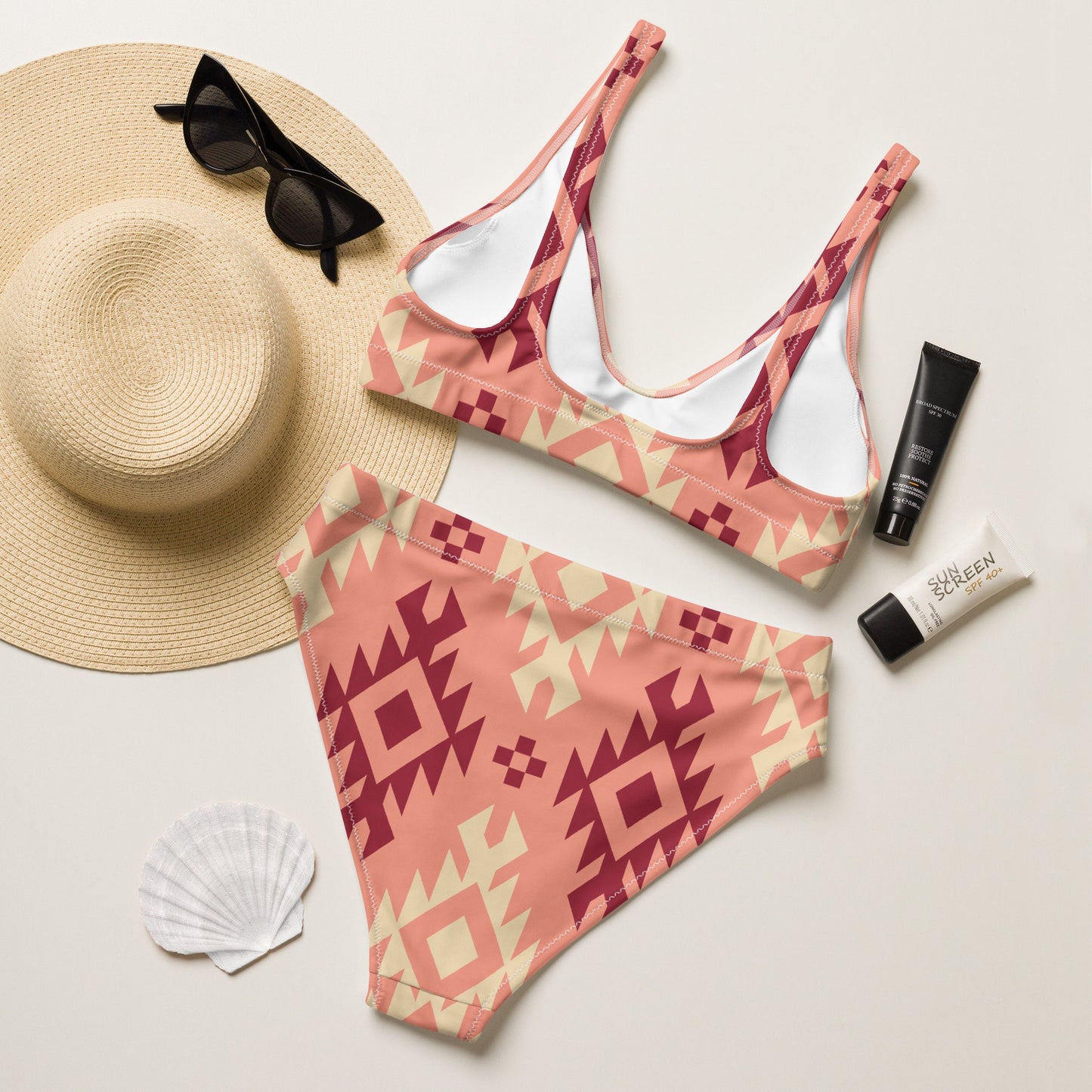 Boho Chic Pink Aztec Bikini: Embrace Western Vibes in This High-Waisted Swimwear