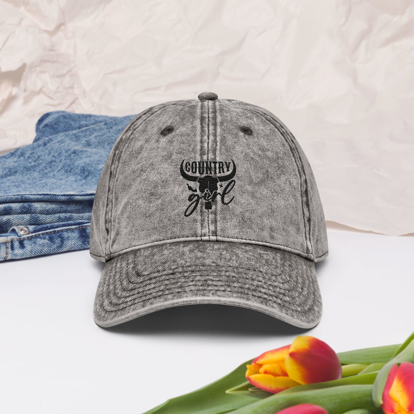 Country Girl Embroidered Vintage Cotton Twill Cap