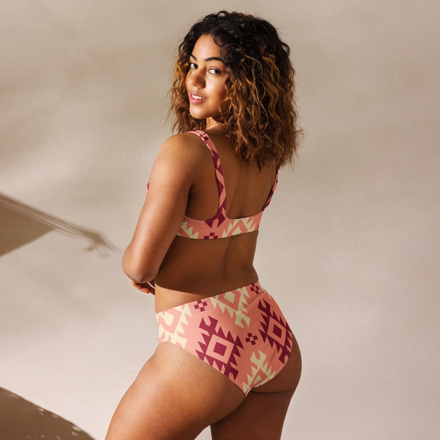 Boho Chic Pink Aztec Bikini: Embrace Western Vibes in This High-Waisted Swimwear