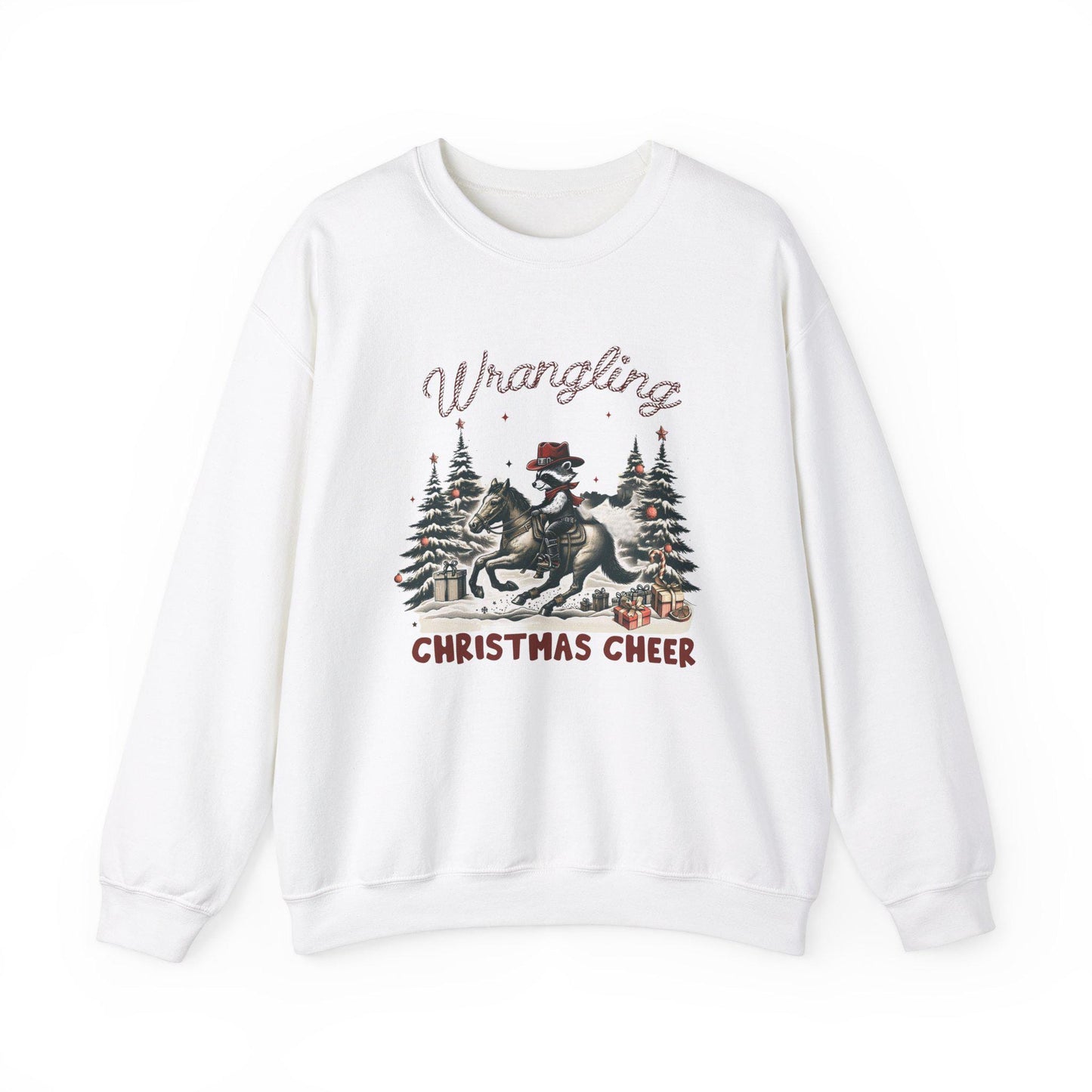 Rodeo Racoon Christmas Crewneck Sweatshirt, Holiday Animal Pullover, Winter Cheer shirt, Cute Critter Xmas Top, Festive Sweatshirt