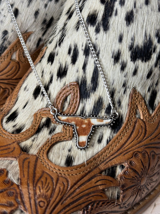 Faux Brown & White Cowhide Pendant Necklace | Western Jewelry | Cowgirl Accessories | Coastal Cowgirl | Rodeo Accessories