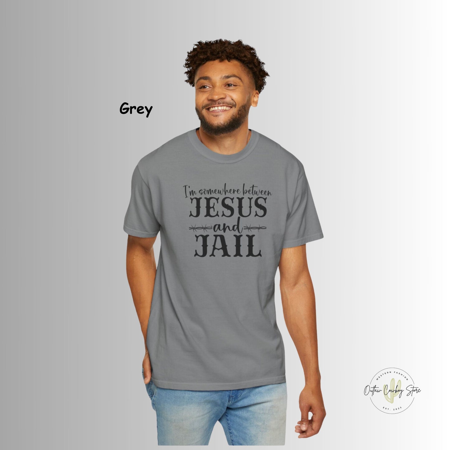 Somewhere Between Jesus and Jail Garment-Dyed Mens Comfort Colors T-shirt