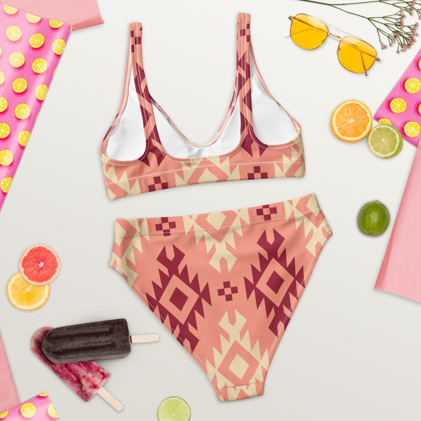 Boho Chic Pink Aztec Bikini: Embrace Western Vibes in This High-Waisted Swimwear