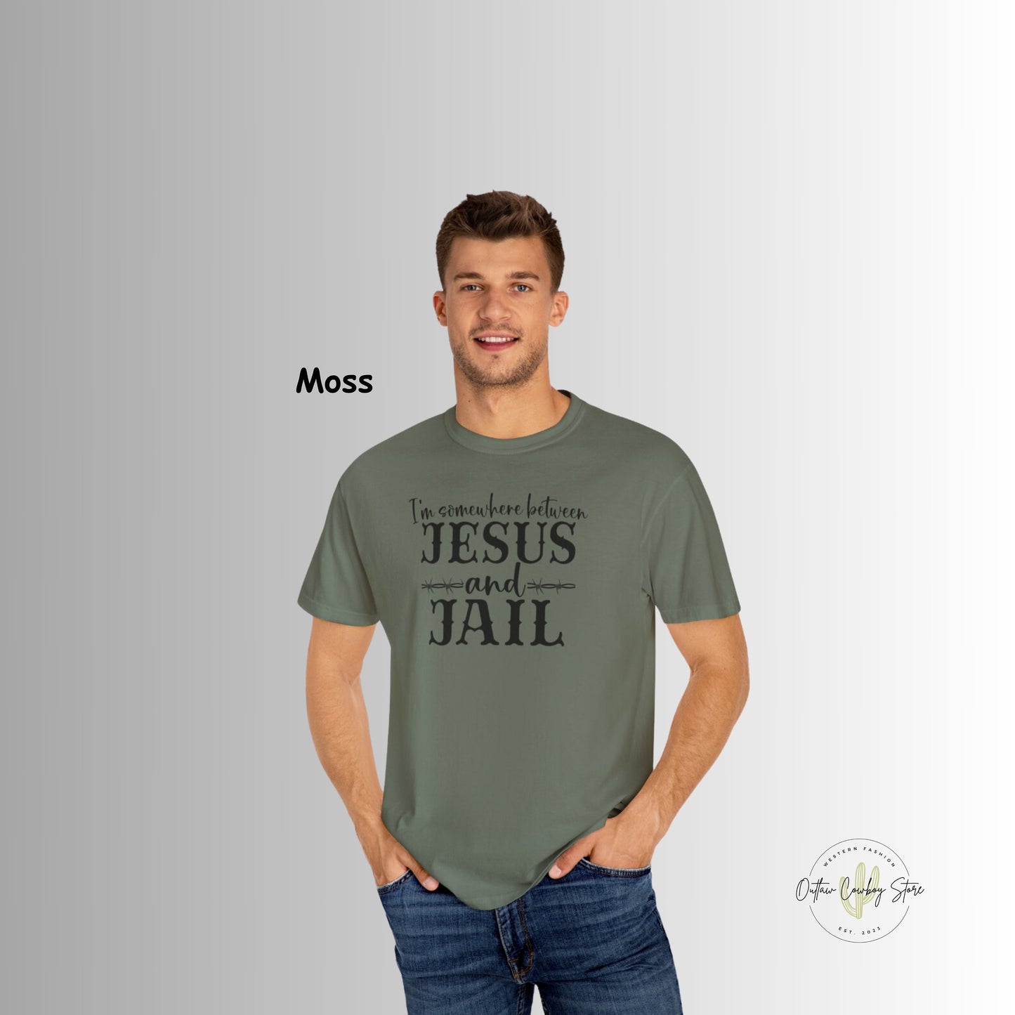 Somewhere Between Jesus and Jail Garment-Dyed Mens Comfort Colors T-shirt