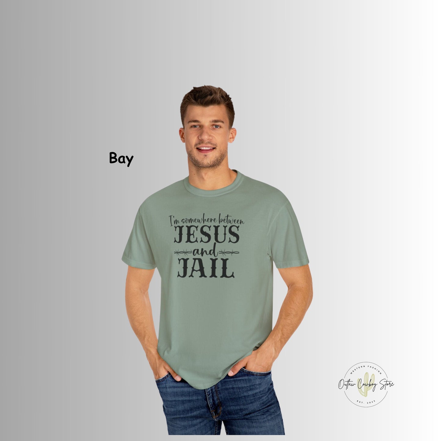 Somewhere Between Jesus and Jail Garment-Dyed Mens Comfort Colors T-shirt