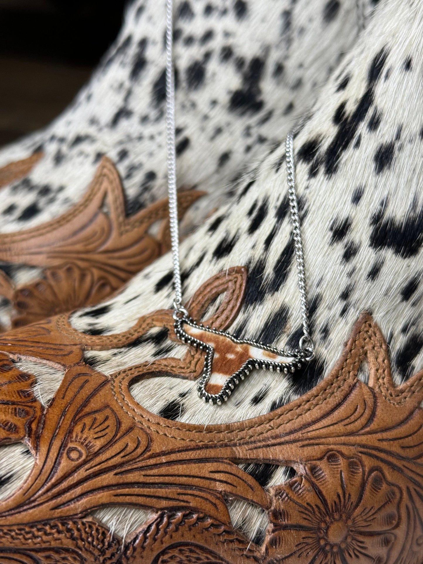 Faux Brown & White Cowhide Pendant Necklace | Western Jewelry | Cowgirl Accessories | Coastal Cowgirl | Rodeo Accessories