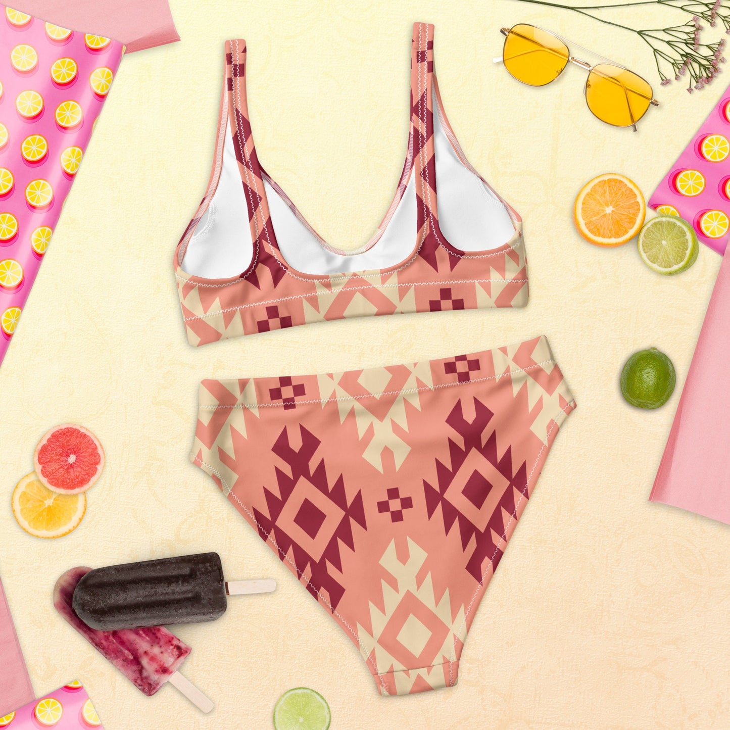 Boho Chic Pink Aztec Bikini: Embrace Western Vibes in This High-Waisted Swimwear