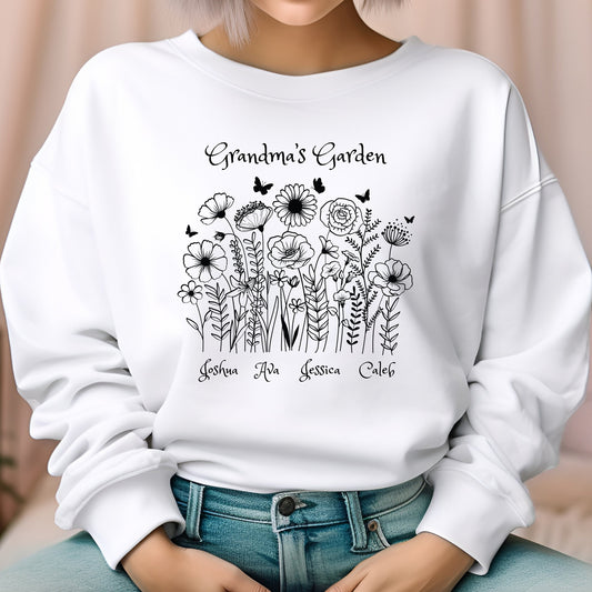 Grandmas Garden Personalized Crewneck Sweatshirt. Unique gift for Grandma that she'll love. Floral sweatshirt