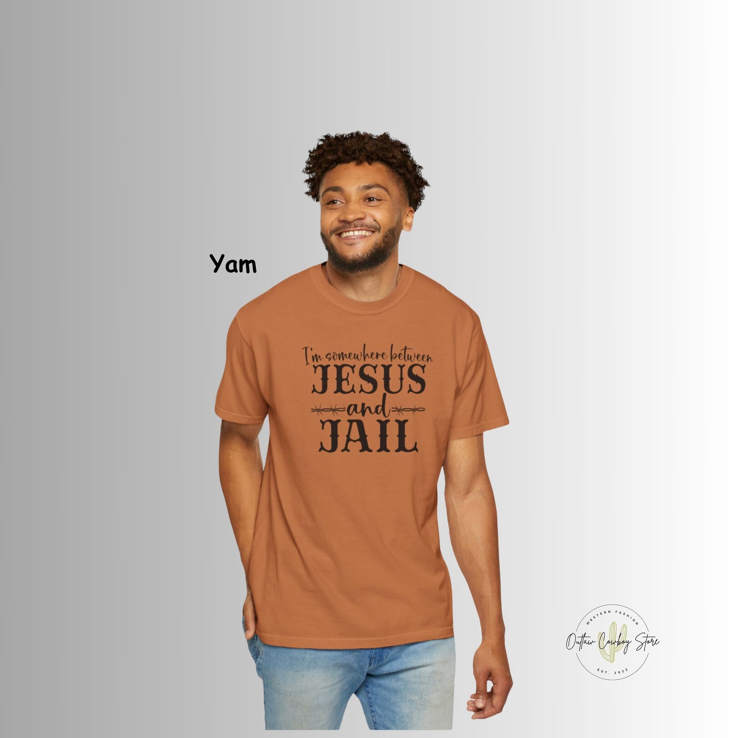 Somewhere Between Jesus and Jail Garment-Dyed Mens Comfort Colors T-shirt