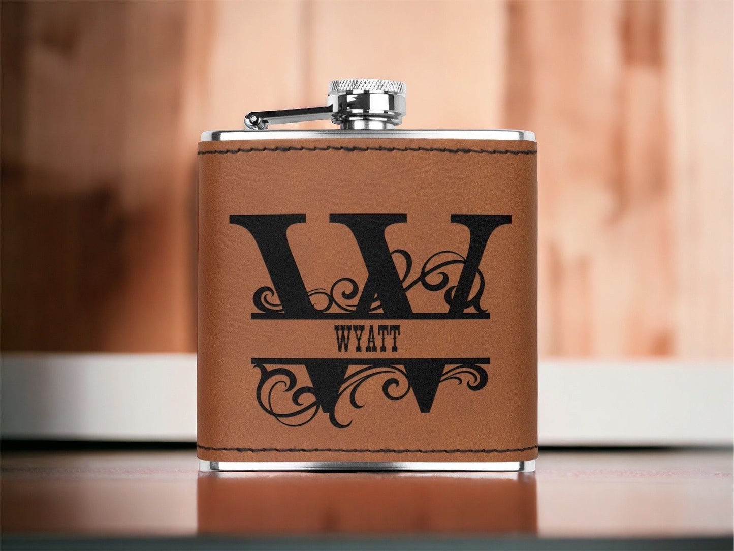 Personalized Engraved Custom Monogram Leather wrapped 6oz flask, Gift for Groomsmen, Unisex gifts for adults