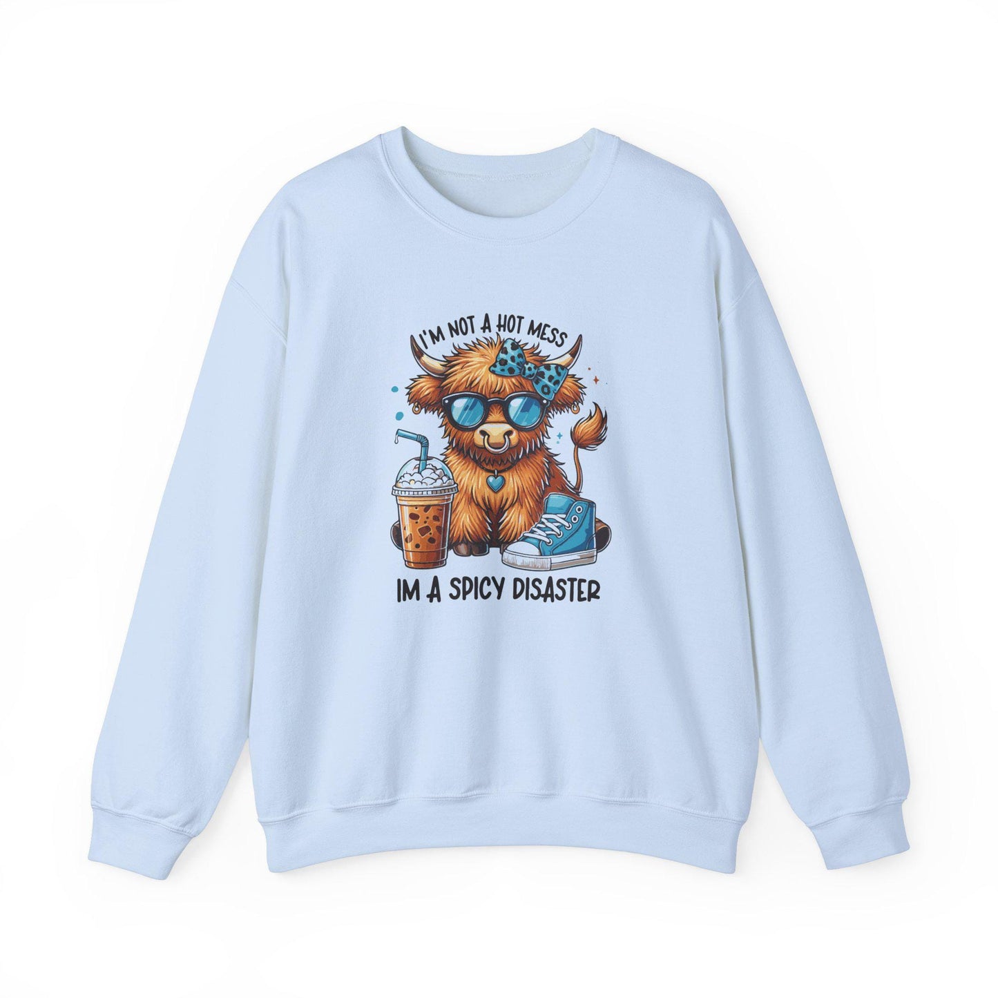 Im not a hot mess Im a spicy disaster" Highland Cow Fall vibes Women's™ Crewneck Sweatshirt