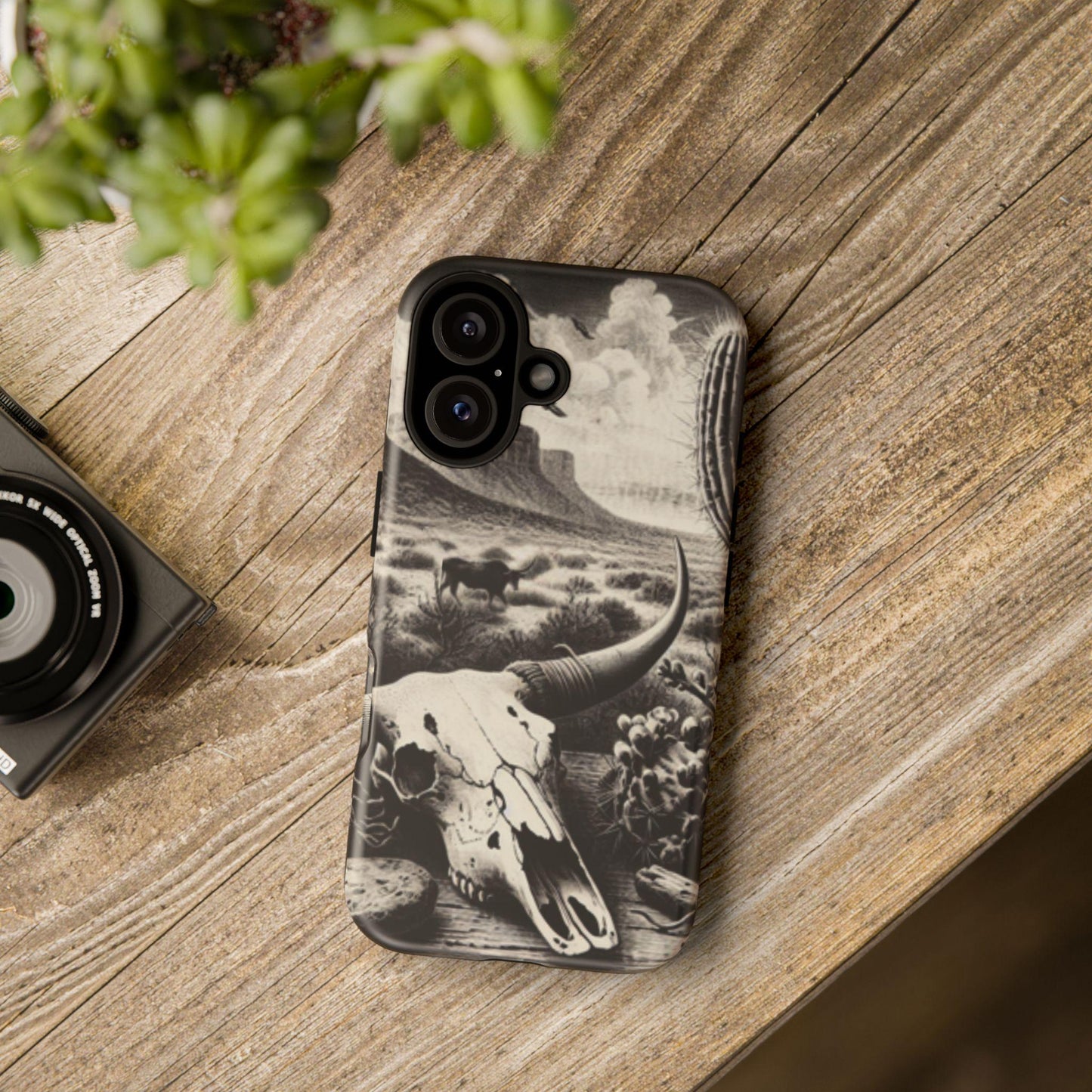 Phone Case iPhone 16, 16 pro & 16 pro max.  Longhorn Desert Skull Tough Cover, Western Boho Cow Skull Design