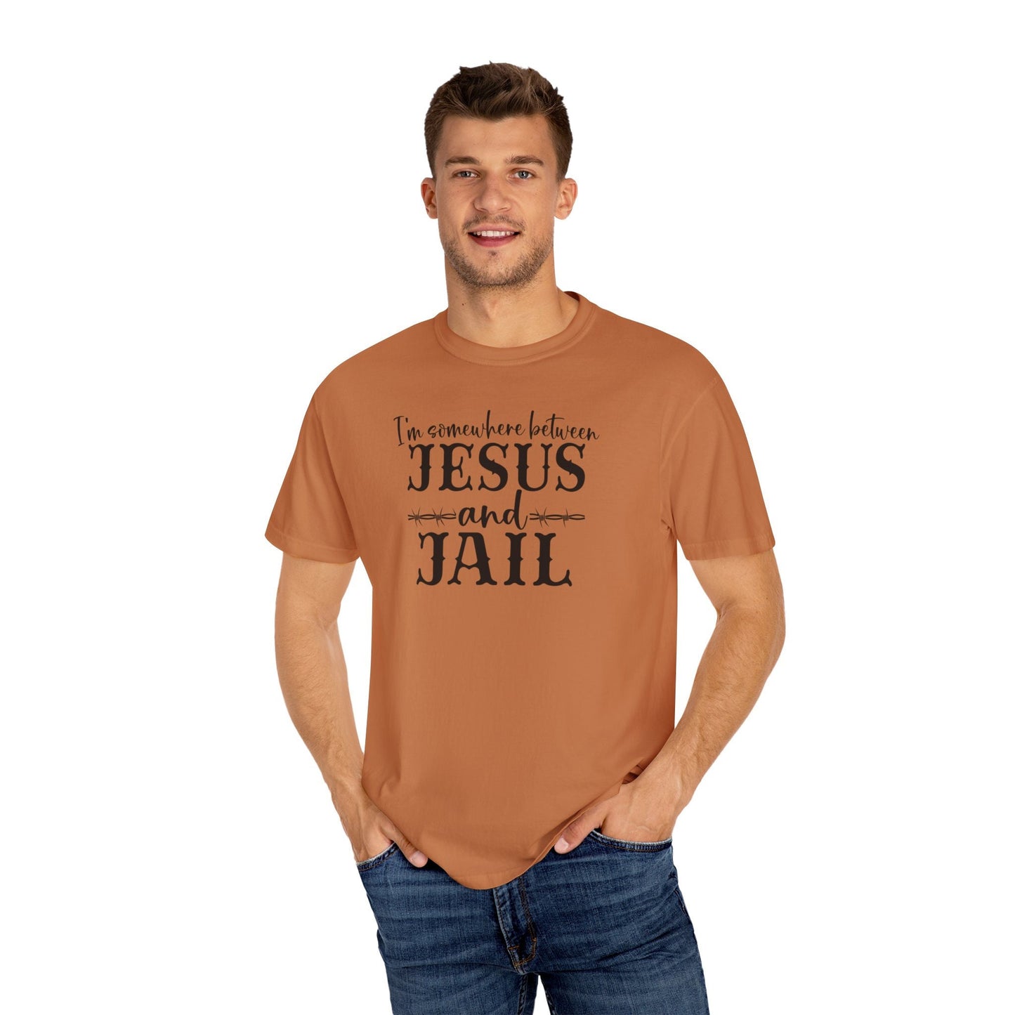 Somewhere Between Jesus and Jail Garment-Dyed Mens Comfort Colors T-shirt