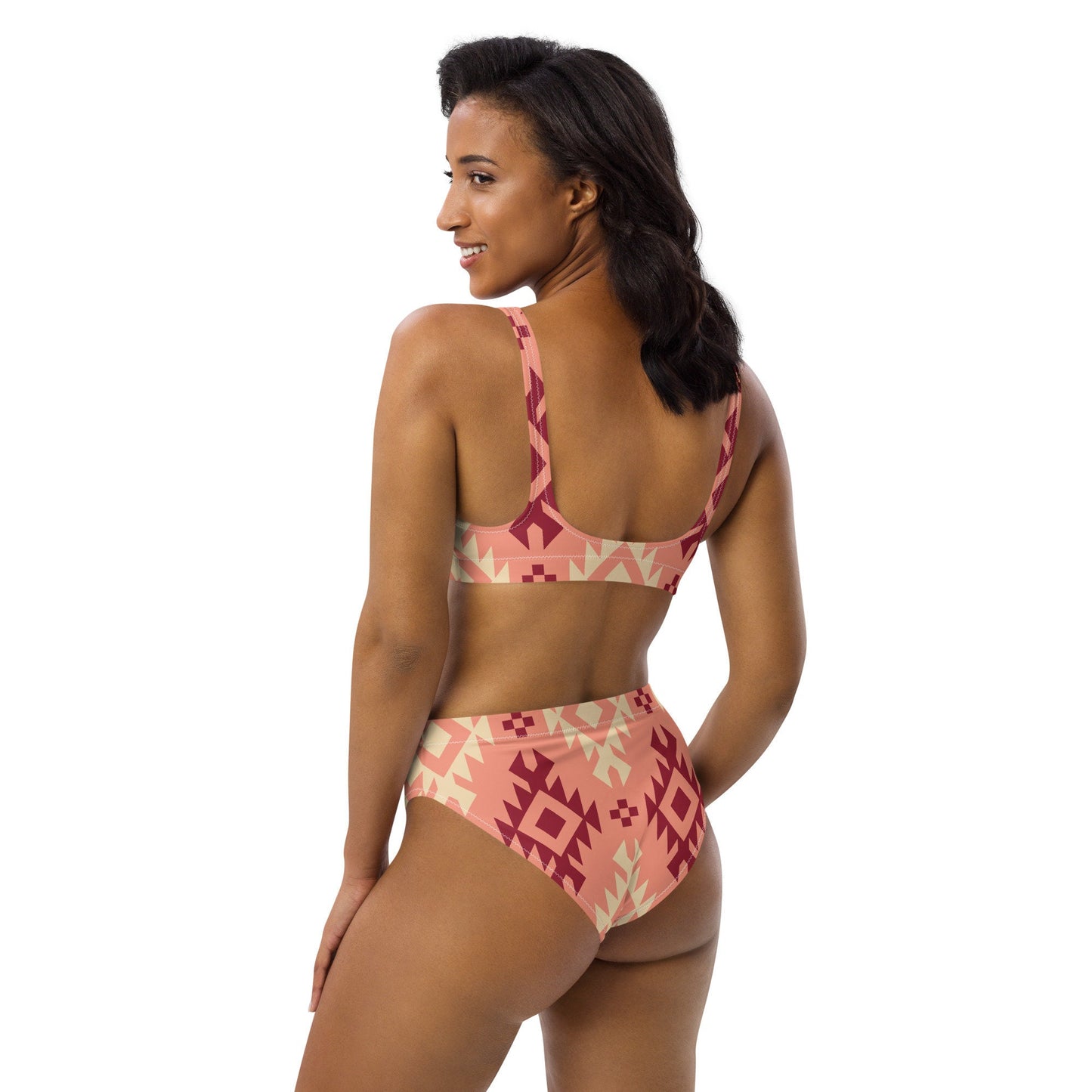 Boho Chic Pink Aztec Bikini: Embrace Western Vibes in This High-Waisted Swimwear