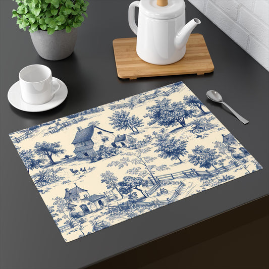 Chinoiserie Toile De Jouy Blue and White Placemat, French Country Table Decor, Dining Mat, Kitchen Table Setting, Vintage Farmhouse