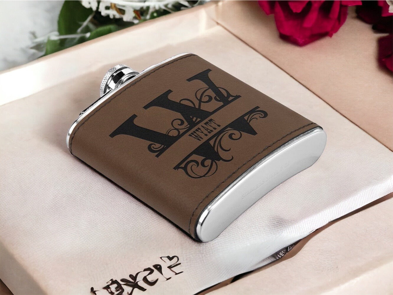 Personalized Engraved Custom Monogram Leather wrapped 6oz flask, Gift for Groomsmen, Unisex gifts for adults