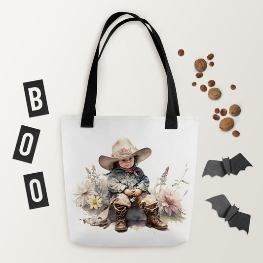 Tote bag little cowgirl and vintage floral watercolour style Mothers Day gift, Best friend gift, Farmers market tote